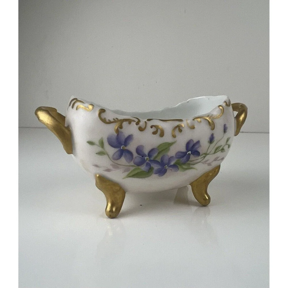Vintage Porcelain Sugar Bowl Purple Flowers White China Handpainted Marked HW 96
